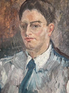 Mid 20th Century French Signed Oil Painting Portrait of Man in Tie