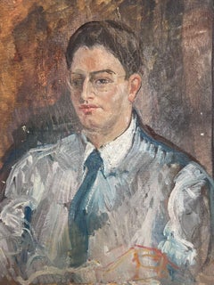 Mid 20th Century French Signed Oil Painting Portrait of Man in Tie