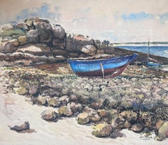 Mid 20th Century French Signed Painting Blue Rowing Boat Resting On Rocks