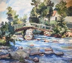 Mid 20th Century French Signed Painting Dainty Wooden Bridge Over Flowing Stream