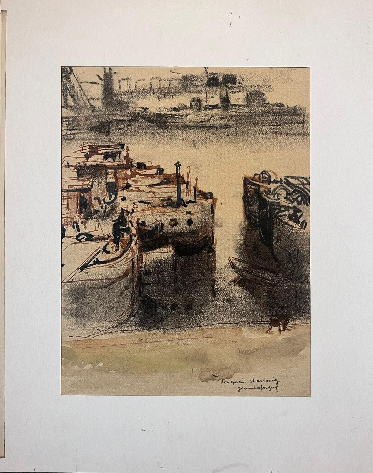 Französisches signiertes Gemälde Dunkle Boote im Dock, Mitte des 20. Jahrhunderts – Painting von Jean Laforgue