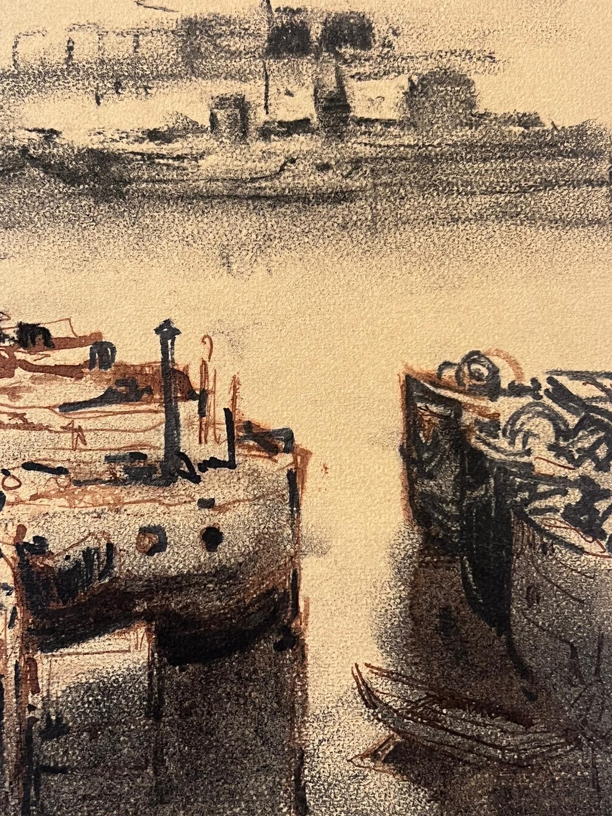 Französisches signiertes Gemälde Dunkle Boote im Dock, Mitte des 20. Jahrhunderts (Post-Impressionismus), Painting, von Jean Laforgue