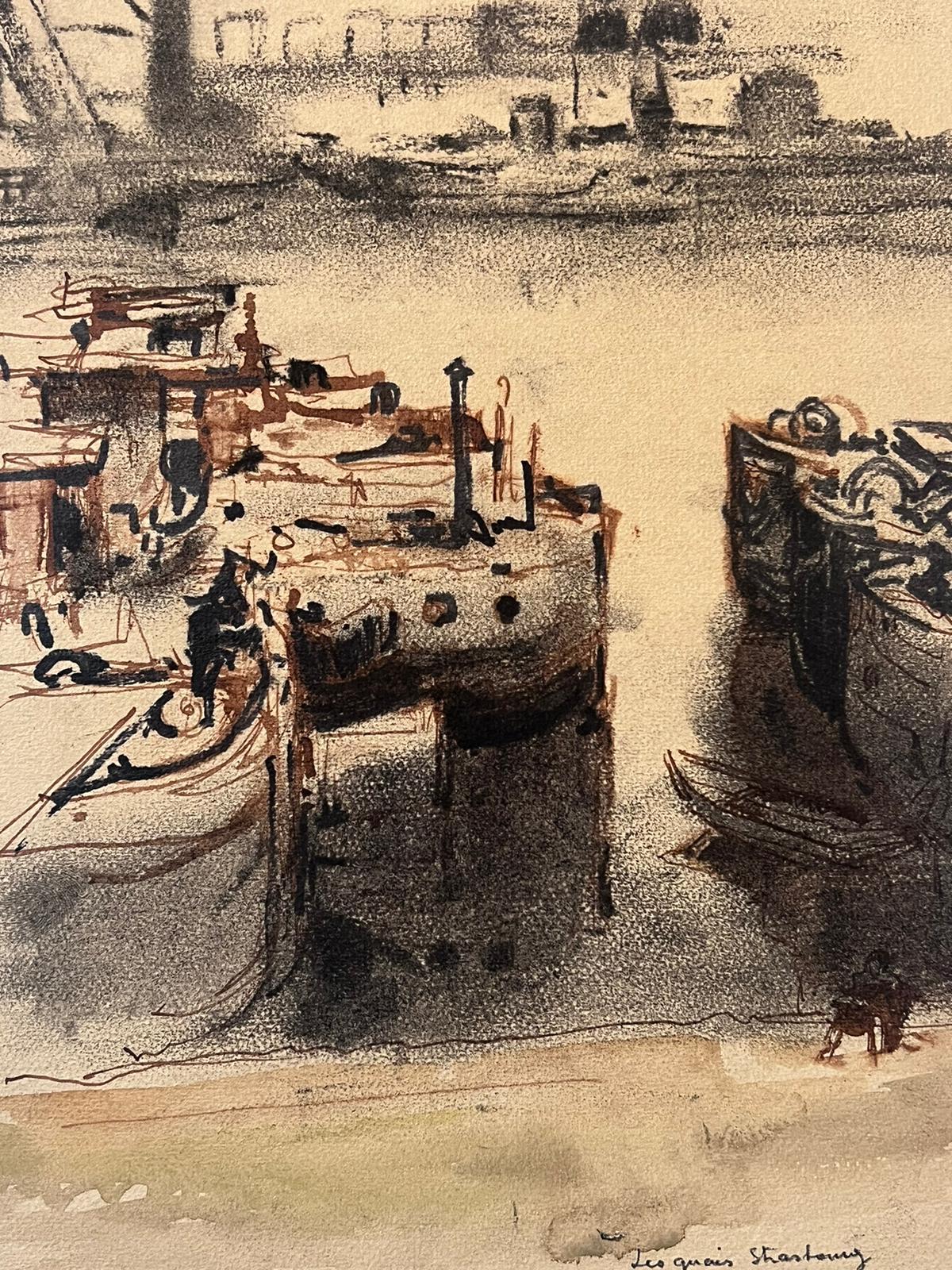Französisches signiertes Gemälde Dunkle Boote im Dock, Mitte des 20. Jahrhunderts im Angebot 1
