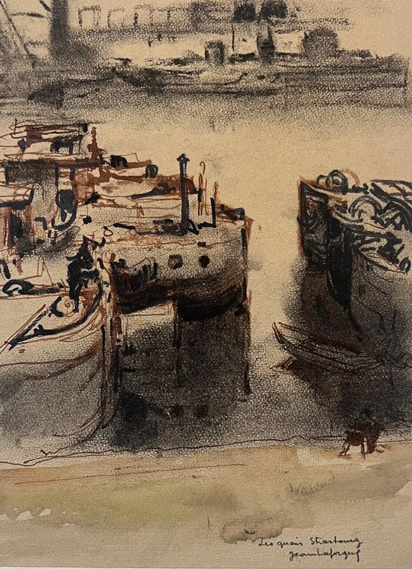 Jean Laforgue Landscape Painting – Französisches signiertes Gemälde Dunkle Boote im Dock, Mitte des 20. Jahrhunderts