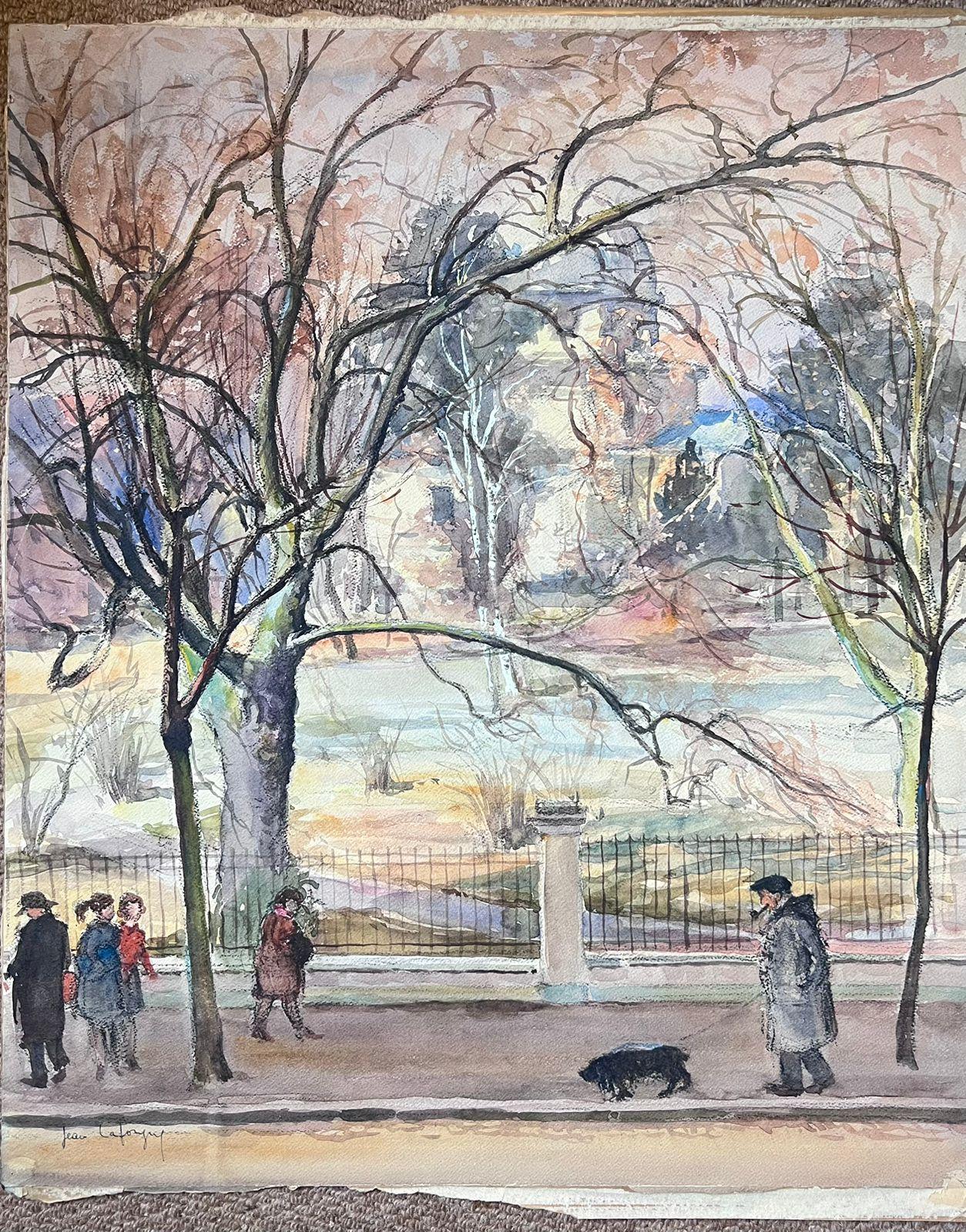 Französische signierte Gemäldefiguren aus der Mitte des 20. Jahrhunderts, Hund beim Wandern im Winterpark – Painting von Jean Laforgue