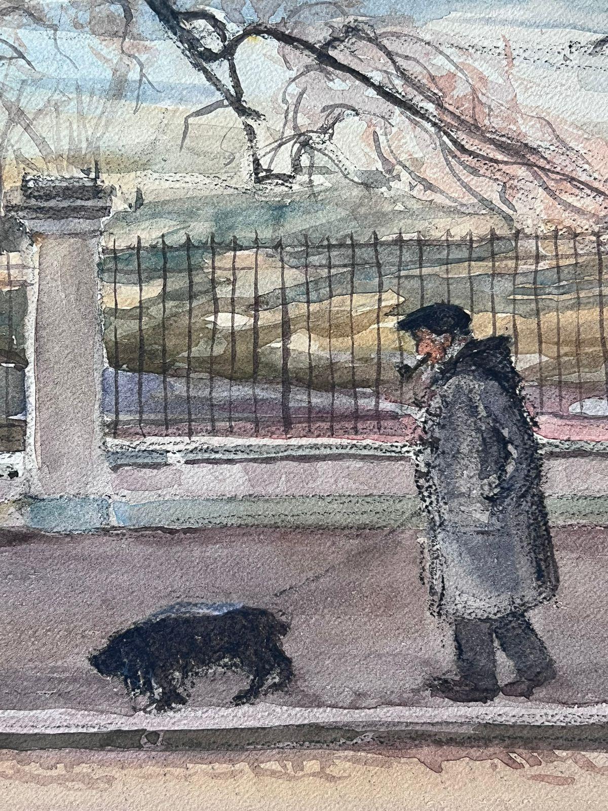 Französische signierte Gemäldefiguren aus der Mitte des 20. Jahrhunderts, Hund beim Wandern im Winterpark im Angebot 1