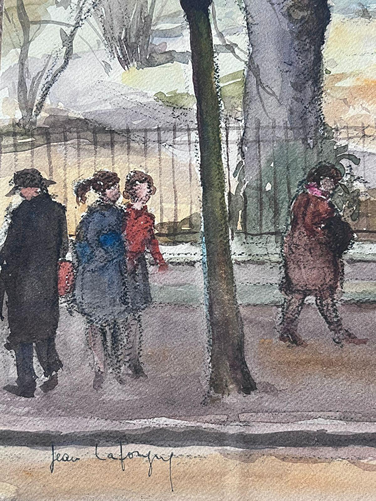 Mid 20th Century French Signed Painting Figures Dog Walking In The Winter Park For Sale 4