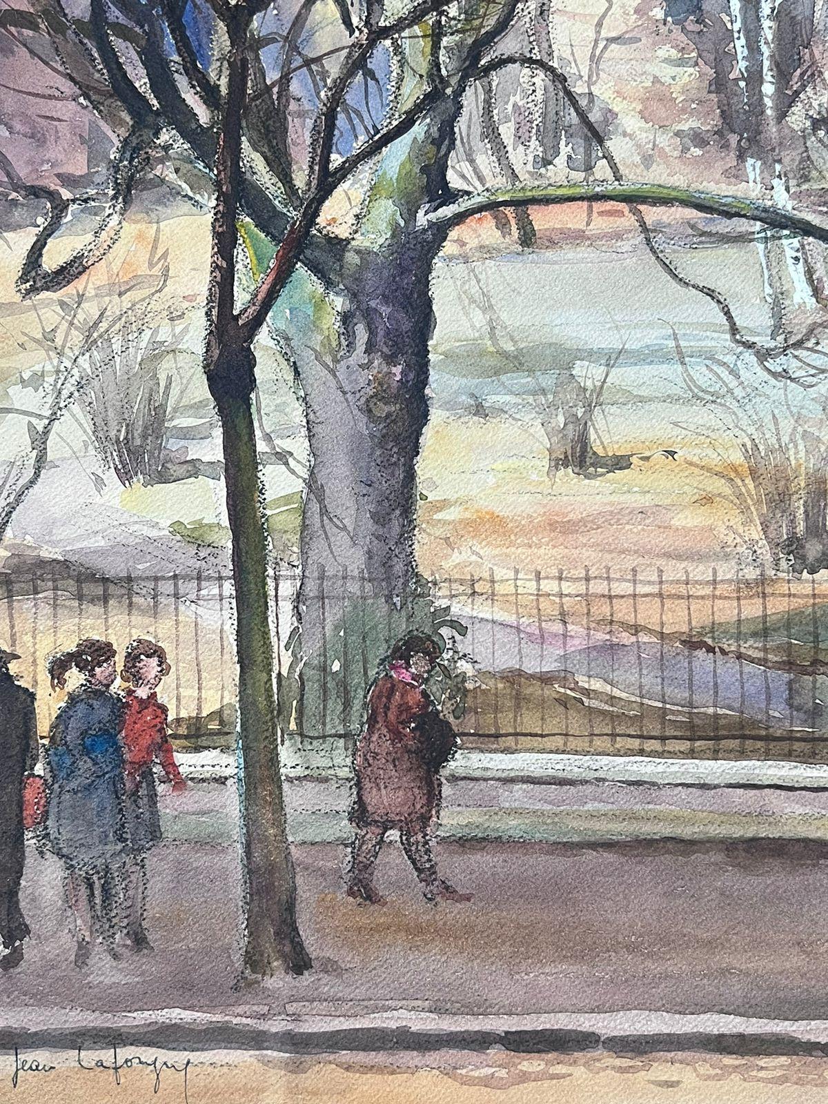 Mid 20th Century French Signed Painting Figures Dog Walking In The Winter Park For Sale 5