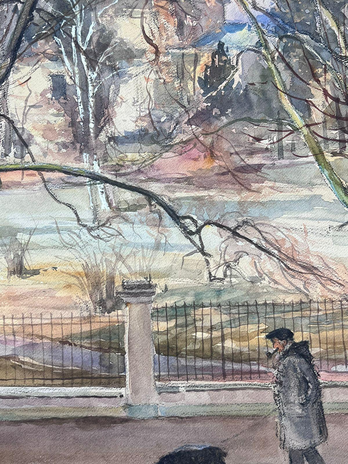 Mid 20th Century French Signed Painting Figures Dog Walking In The Winter Park For Sale 6