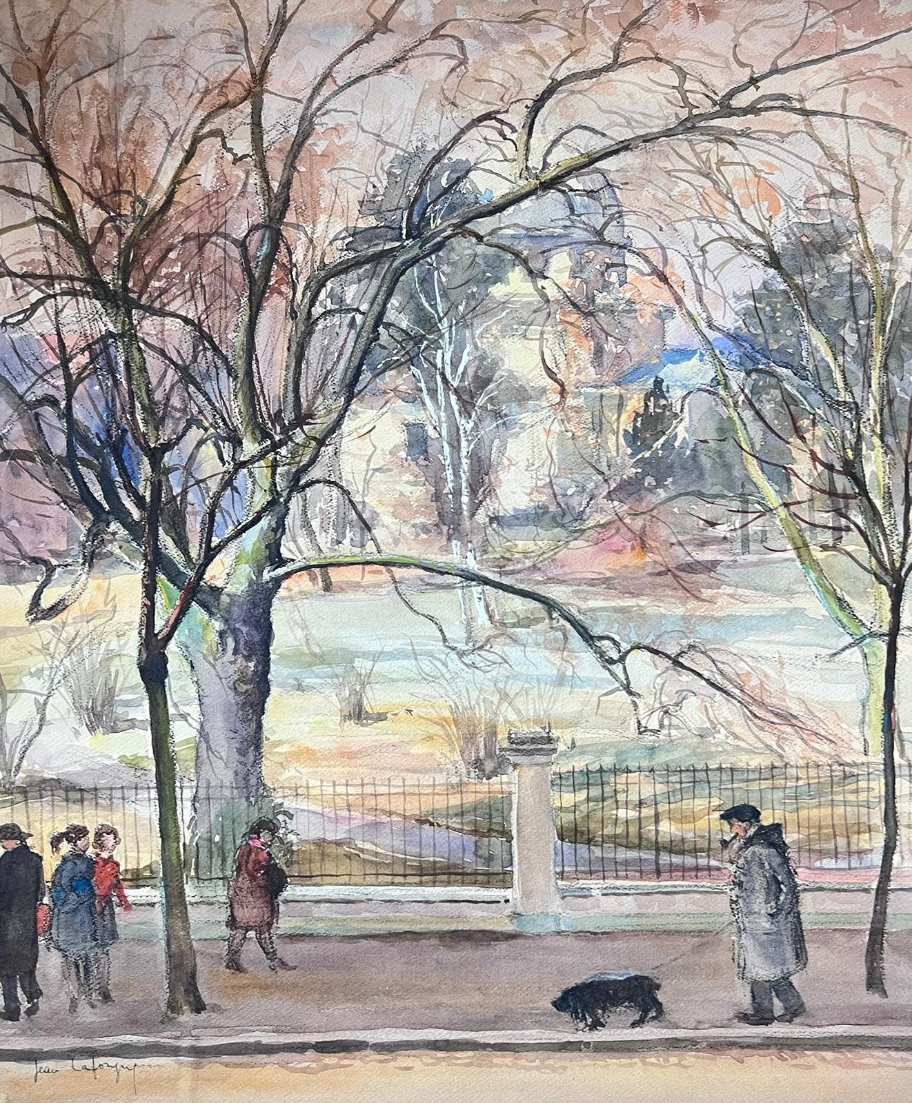 Mid 20th Century French Signed Painting Figures Dog Walking In The Winter Park