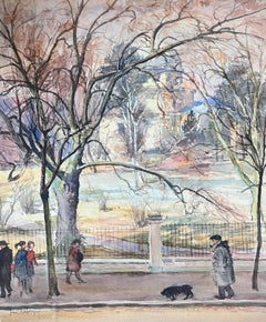 Figurines peintes françaises signées du milieu du 20e siècle, chevauchant un chien se promenant dans une parc d'hiver