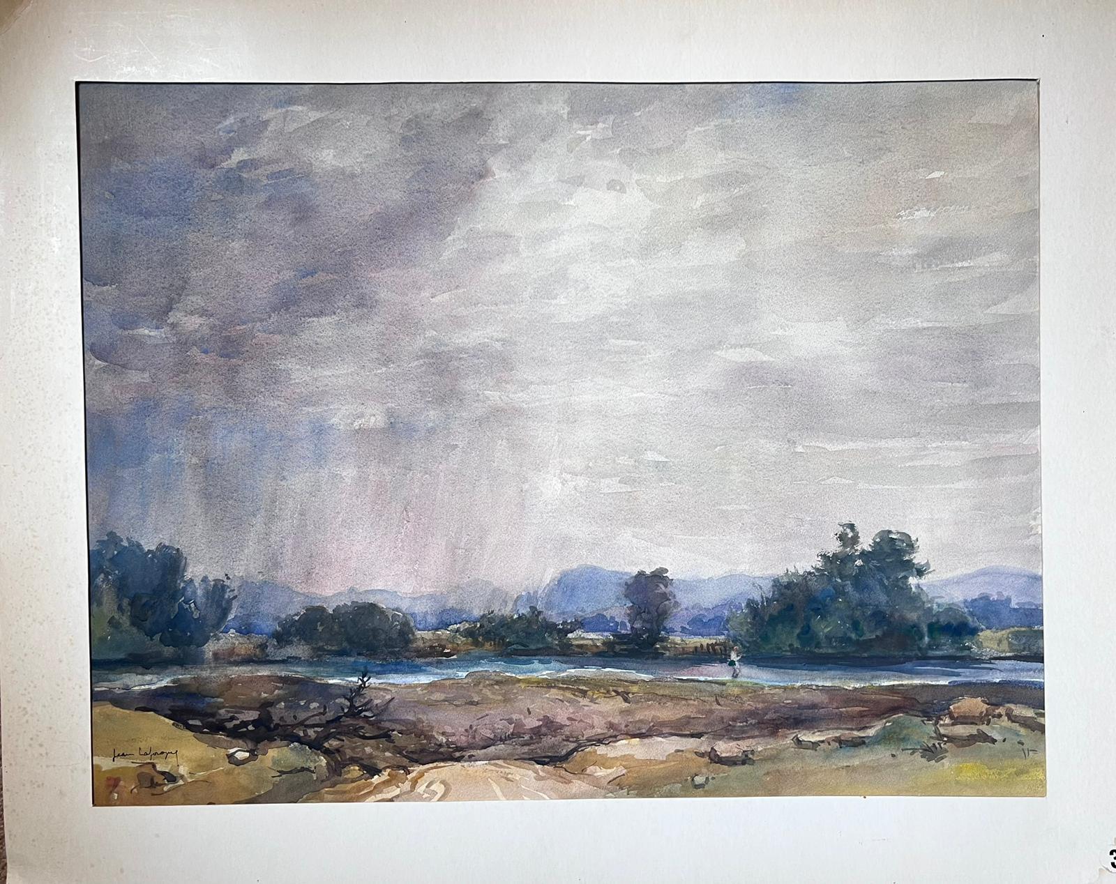 Peinture française du milieu du 20e siècle, signée, nuages gris au-dessus d'un lac de pêche - Painting de Jean Laforgue