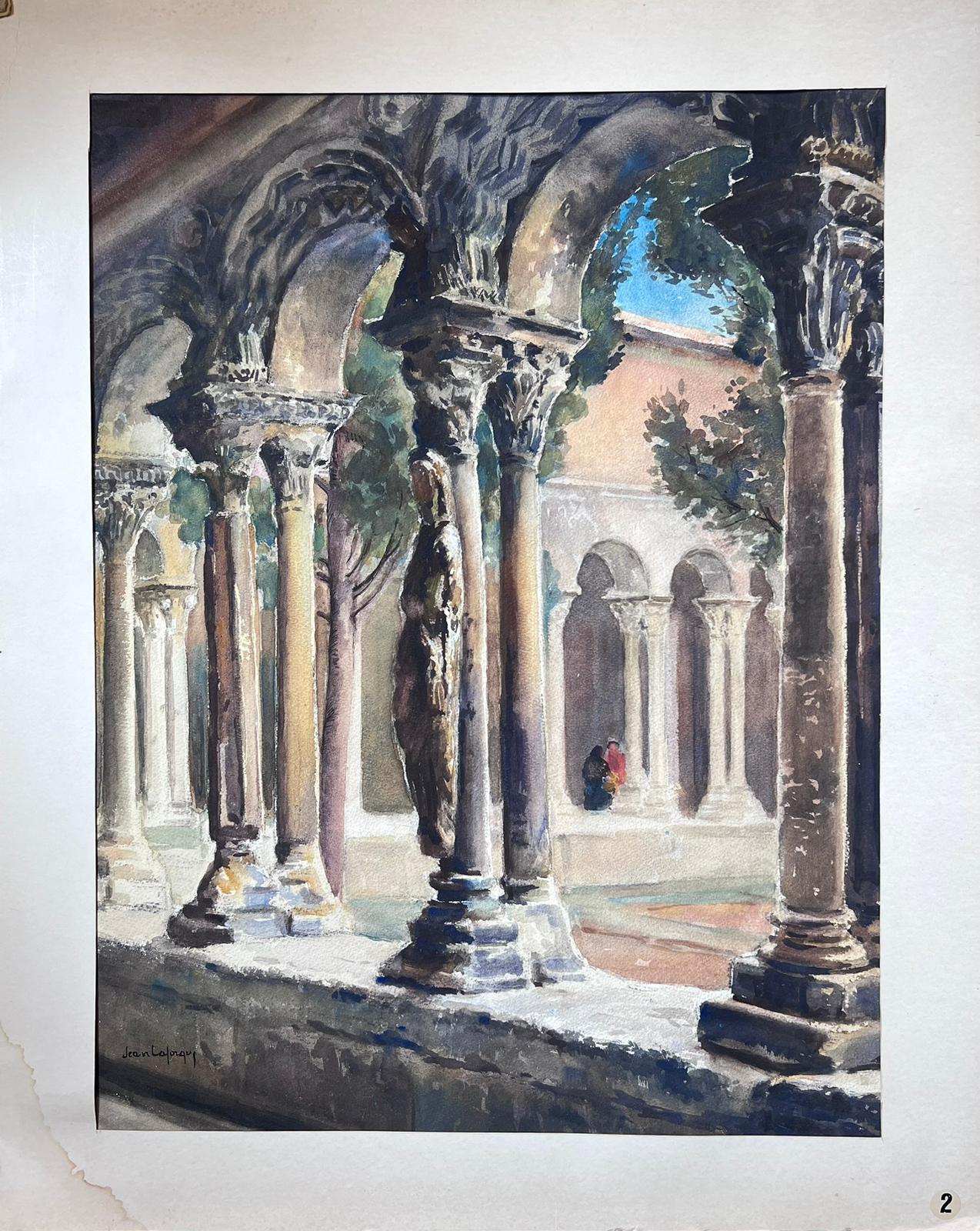 Peinture française signée du milieu du 20e siècle Corridors à grandes arches de pierre - Painting de Jean Laforgue