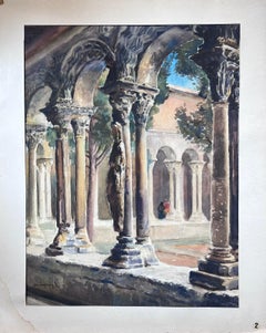Mid 20th Century French Signed Painting Tall Stone Arch Corridors
