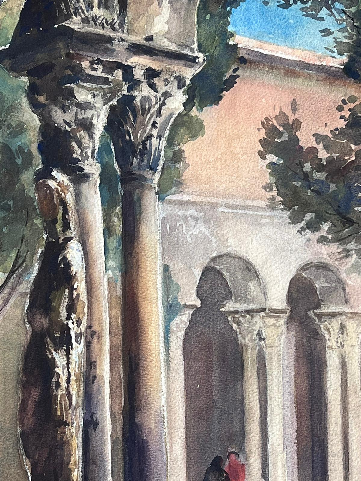 Mid 20th Century French Signed Painting Tall Stone Arch Corridors For Sale 3
