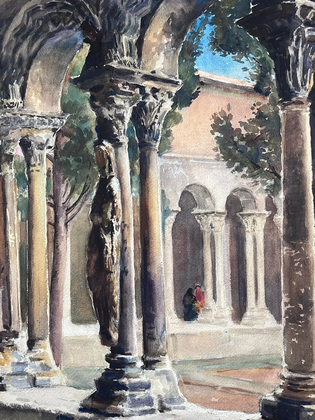 Landscape Painting Jean Laforgue - Peinture française signée du milieu du 20e siècle Corridors à grandes arches de pierre