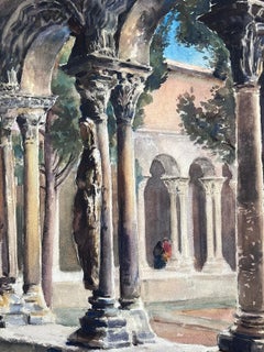 Mid 20th Century French Signed Painting Tall Stone Arch Corridors
