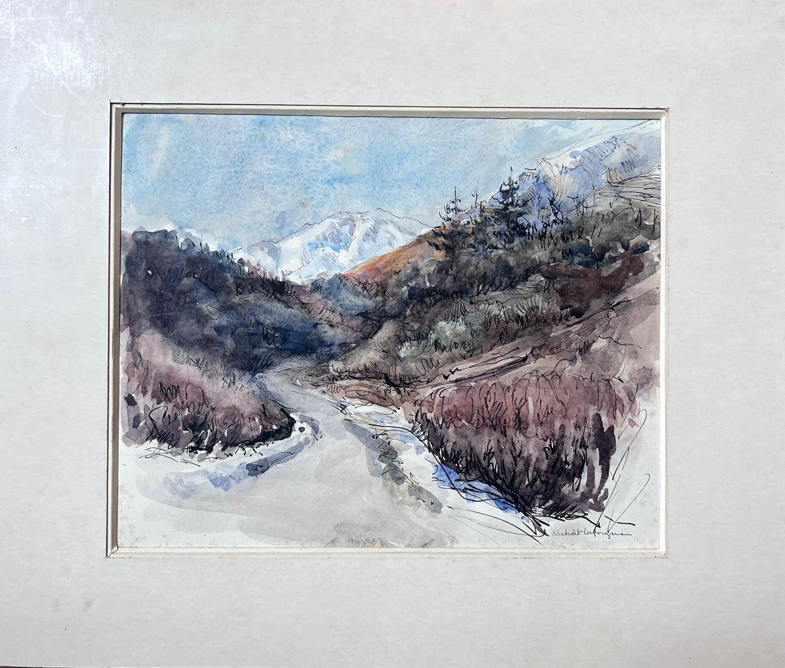 Mitte des 20. Jahrhunderts Französisch signiert Malerei Track führt zu verschneiten französischen Alpen – Painting von Jean Laforgue