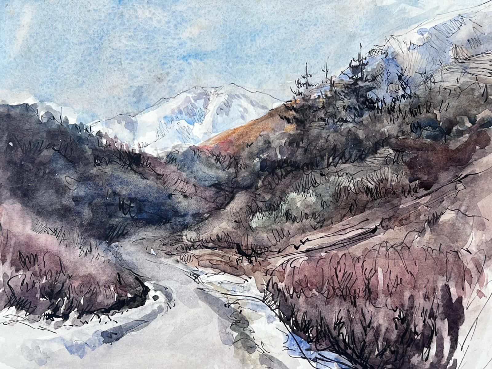 Jean Laforgue Landscape Painting – Mitte des 20. Jahrhunderts Französisch signiert Malerei Track führt zu verschneiten französischen Alpen