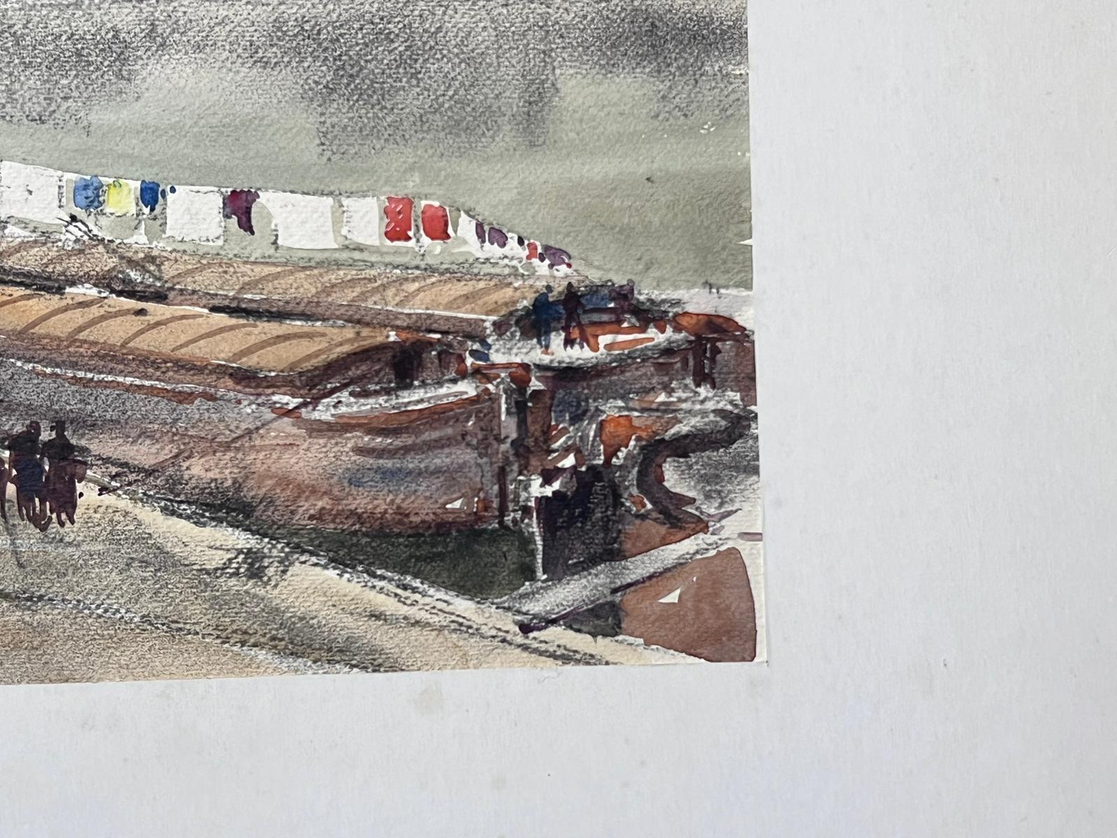 Mid 20th Century French Signed Painting Washing Line On A House River Boat - Art by Jean Laforgue