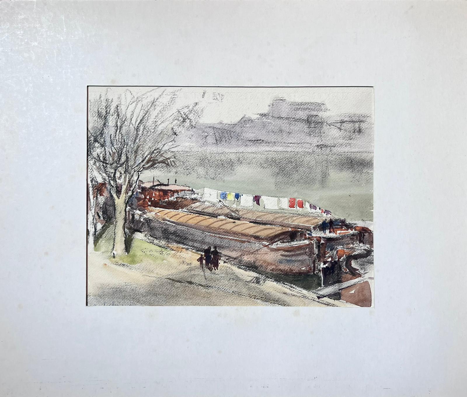 Mid 20th Century French Signed Painting Washing Line On A House River Boat - Post-Impressionist Art by Jean Laforgue