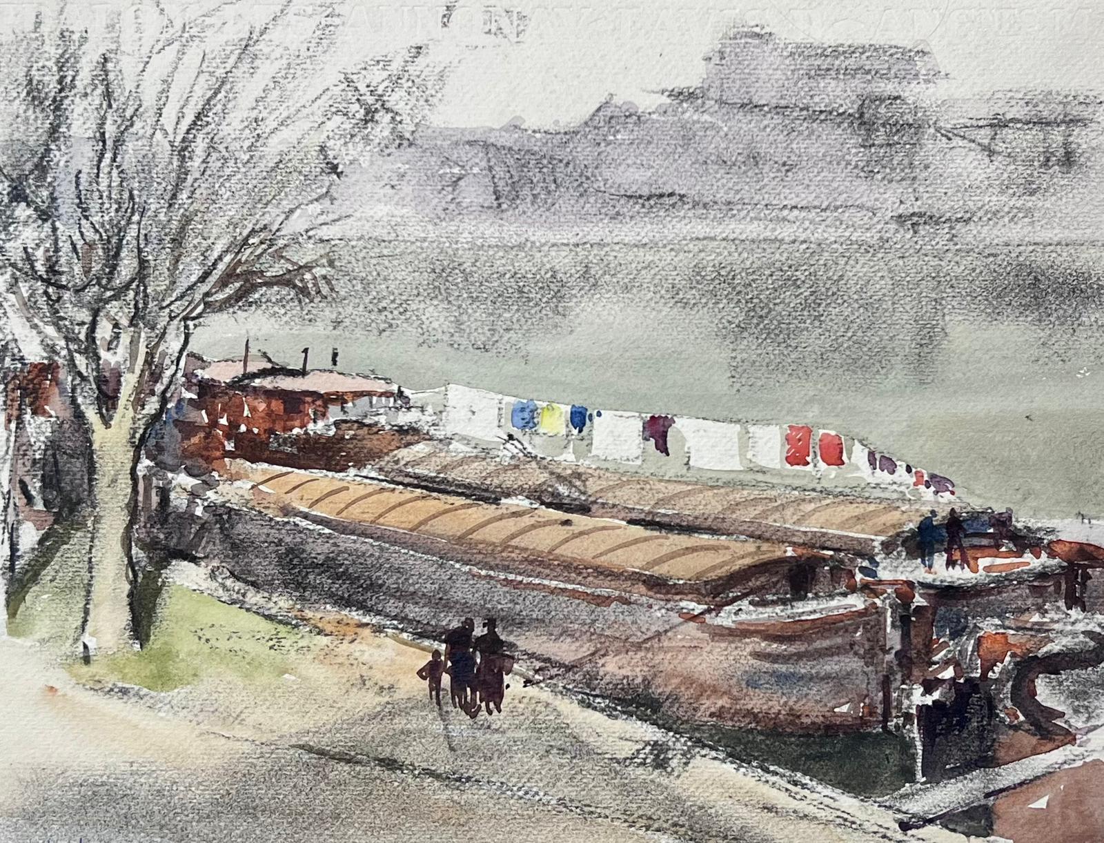 Pittura firmata della metà del 20° secolo in Francia, con filo da stiro su una casa e una barca da fiume