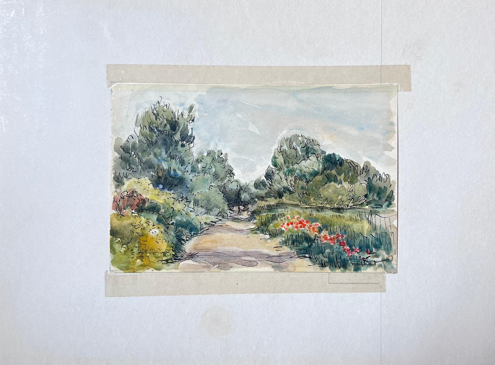 Mid 20th Century French Watercolour Signed Painting Down The Summer Track - Gray Landscape Painting by Jean Laforgue