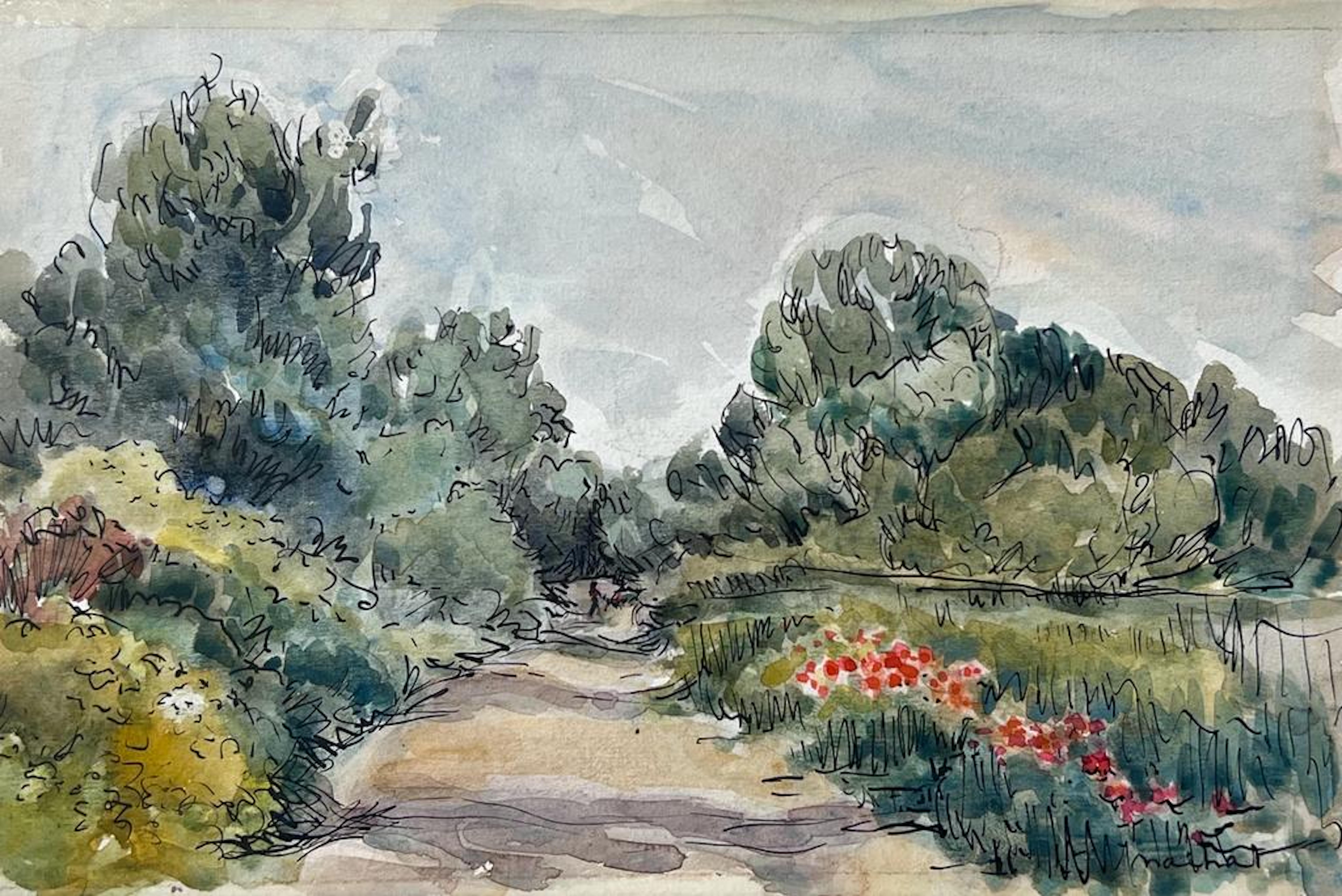 Jean Laforgue Landscape Art - Mid 20th Century French Watercolour Signed Painting Down The Summer Track
