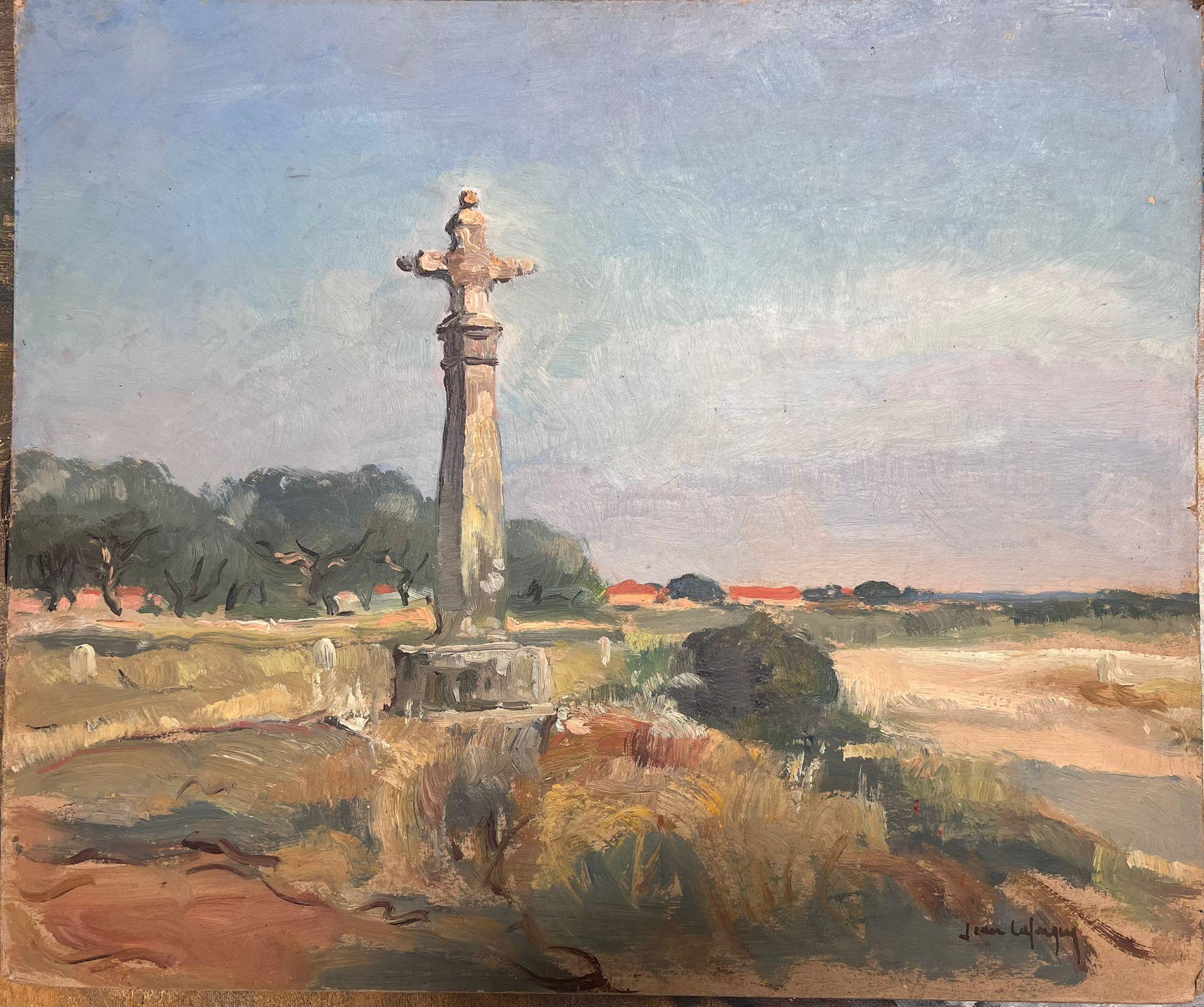 Altes Predigerkreuz Memorial Stone Französische Dorflandschaft Ölgemälde aus den 1950er Jahren – Painting von Jean Laforgue