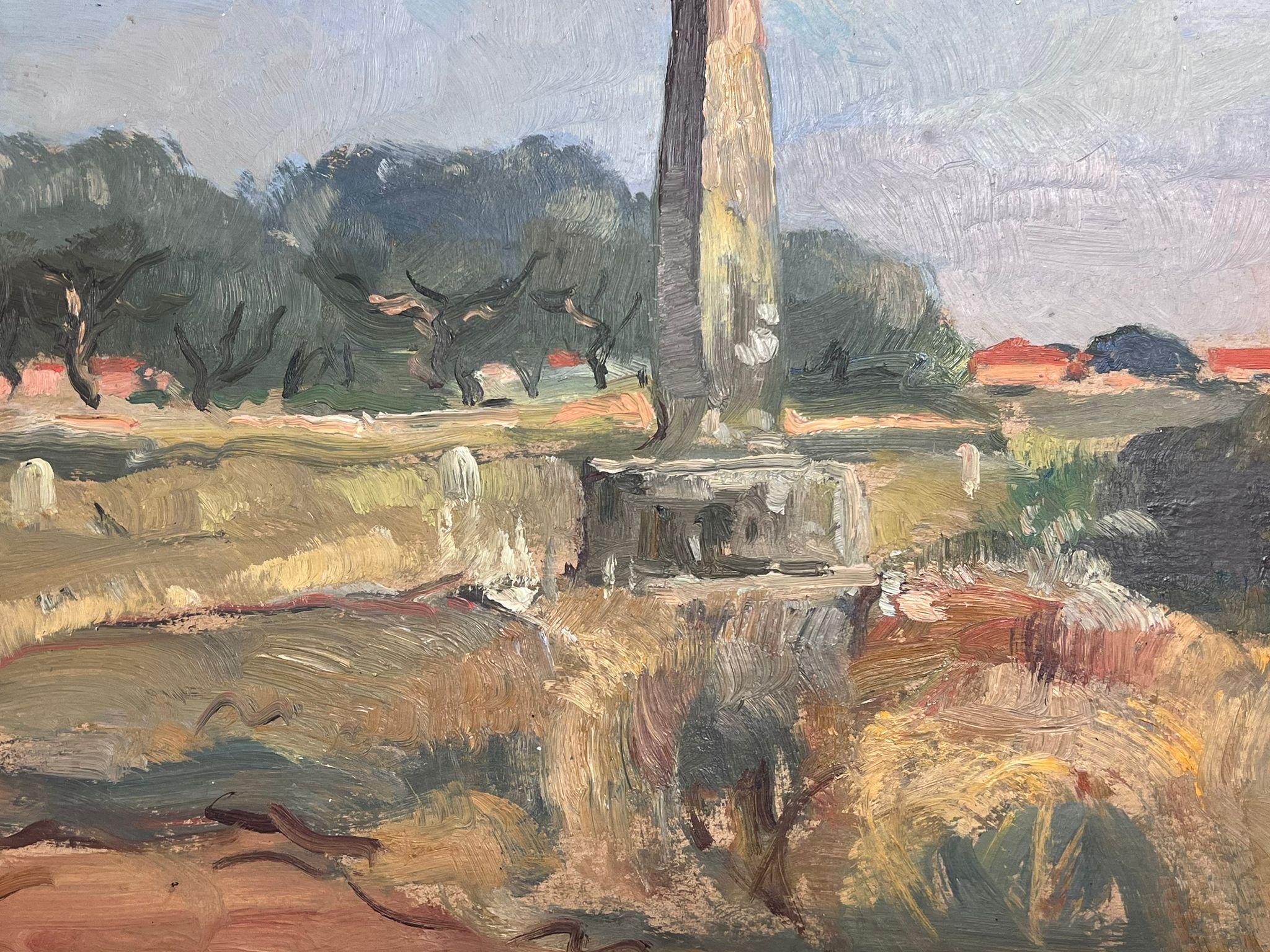 Old Preaching Cross Memorial Stone French Village Landscape 1950's Oil Painting For Sale 1