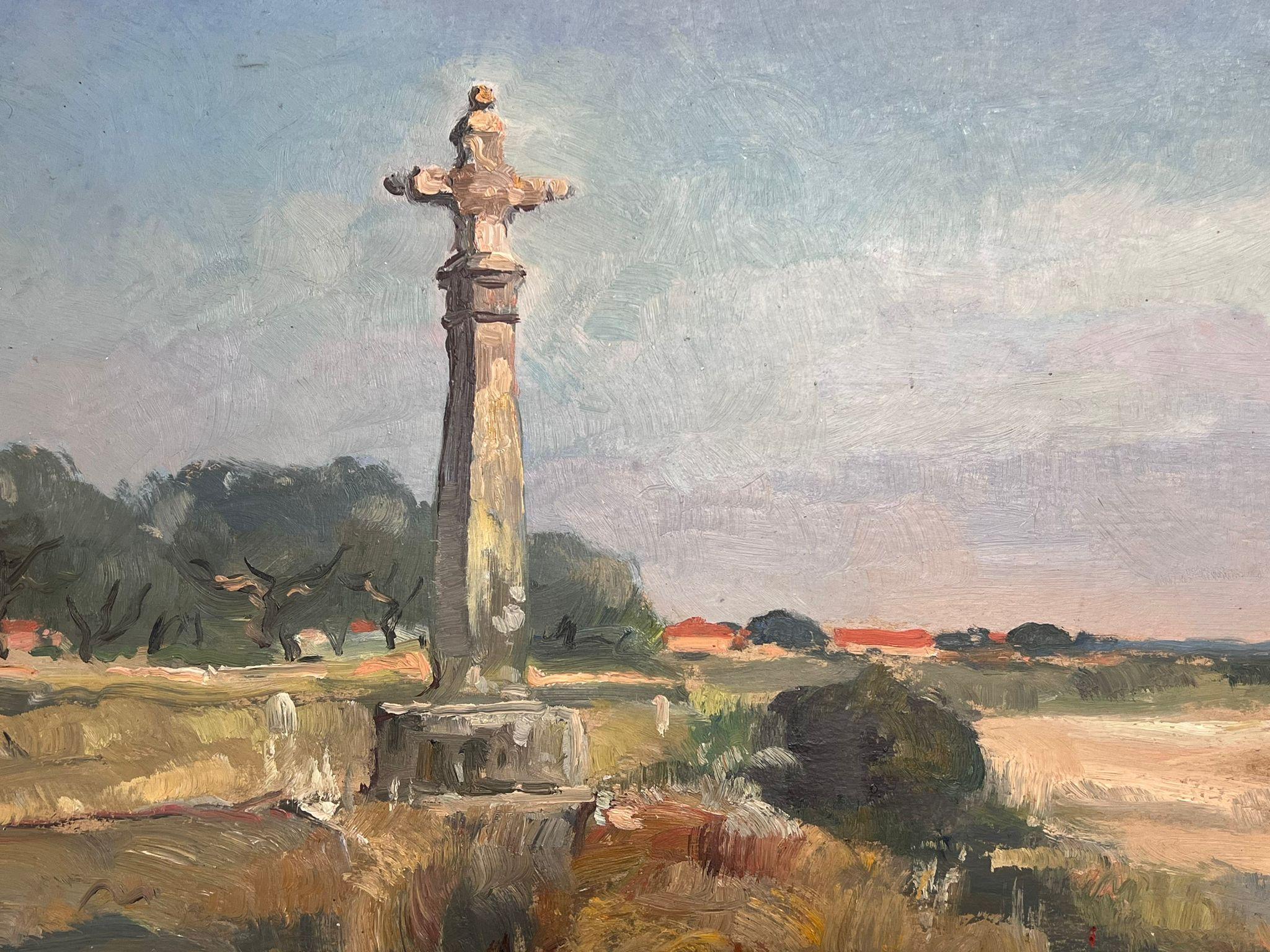Altes Predigerkreuz Memorial Stone Französische Dorflandschaft Ölgemälde aus den 1950er Jahren im Angebot 2