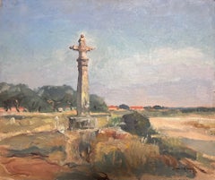 Old Preaching Cross Memorial Stone French Village Landscape 1950's Oil Painting