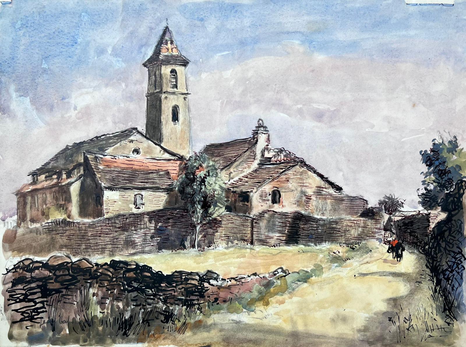 Französisches postimpressionistisches signiertes Gemälde, Kirche aus der Alten Provence, Mitte des 20. Jahrhunderts