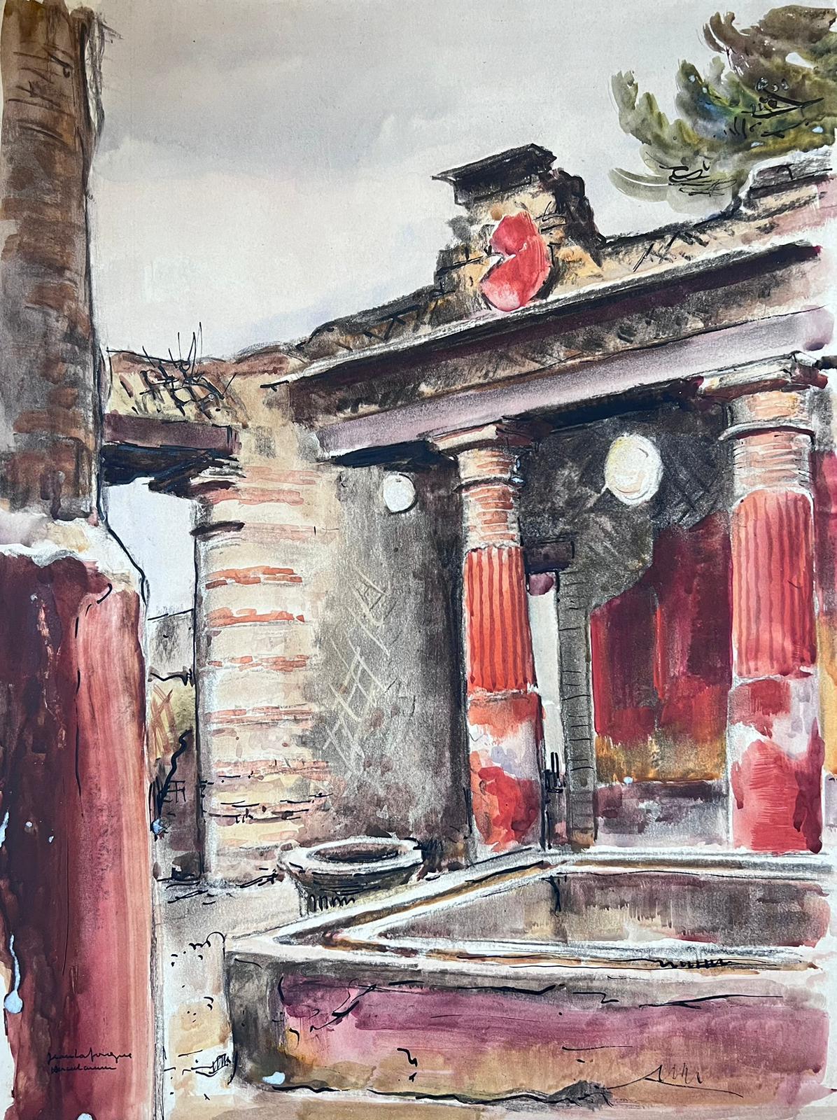 Peinture impressionniste française rouge « Old Roman Baths & Buildings » signée