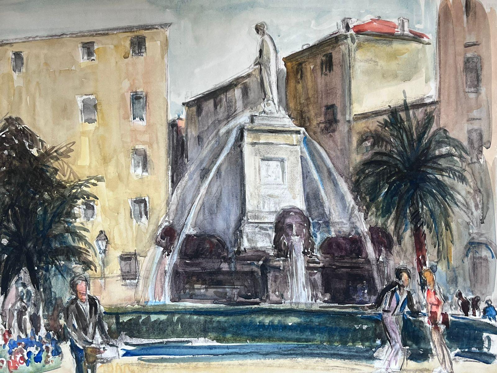 Provence Old Townes Square Stone Water Fountain Mitte des 20. Jahrhunderts Französisch Malerei – Painting von Jean Laforgue