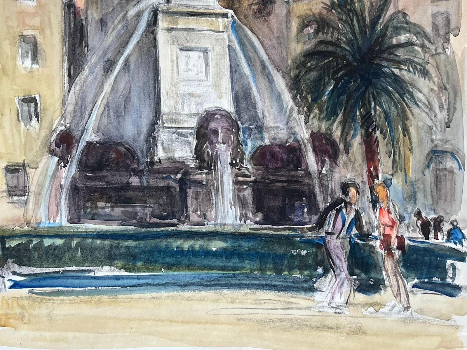 Provence Old Town Square Stone Water Fountain Mid 20th Century French Painting For Sale 3