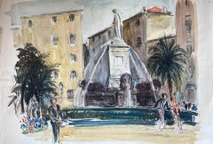 Provence Old Townes Square Stone Water Fountain Mid 20th Century French Painting (peinture française du milieu du 20e siècle)