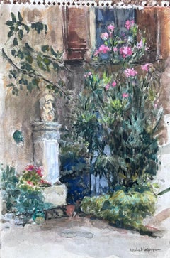 El jardín de flores del castillo Pintura impresionista francesa vintage firmada