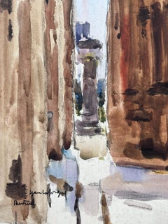 Peinture impressionniste française ancienne représentant des colonnes de ruines romaines dans un paysage