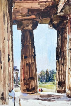 Vintage French Impressionist Painting Ancient Roman Ruins Columns in Landscape