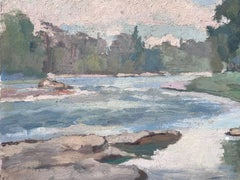 Vieille peinture impressionniste française - Paysage fluvial - Jupes bleues