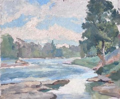 Vieille peinture impressionniste française - Paysage fluvial - Jupes bleues