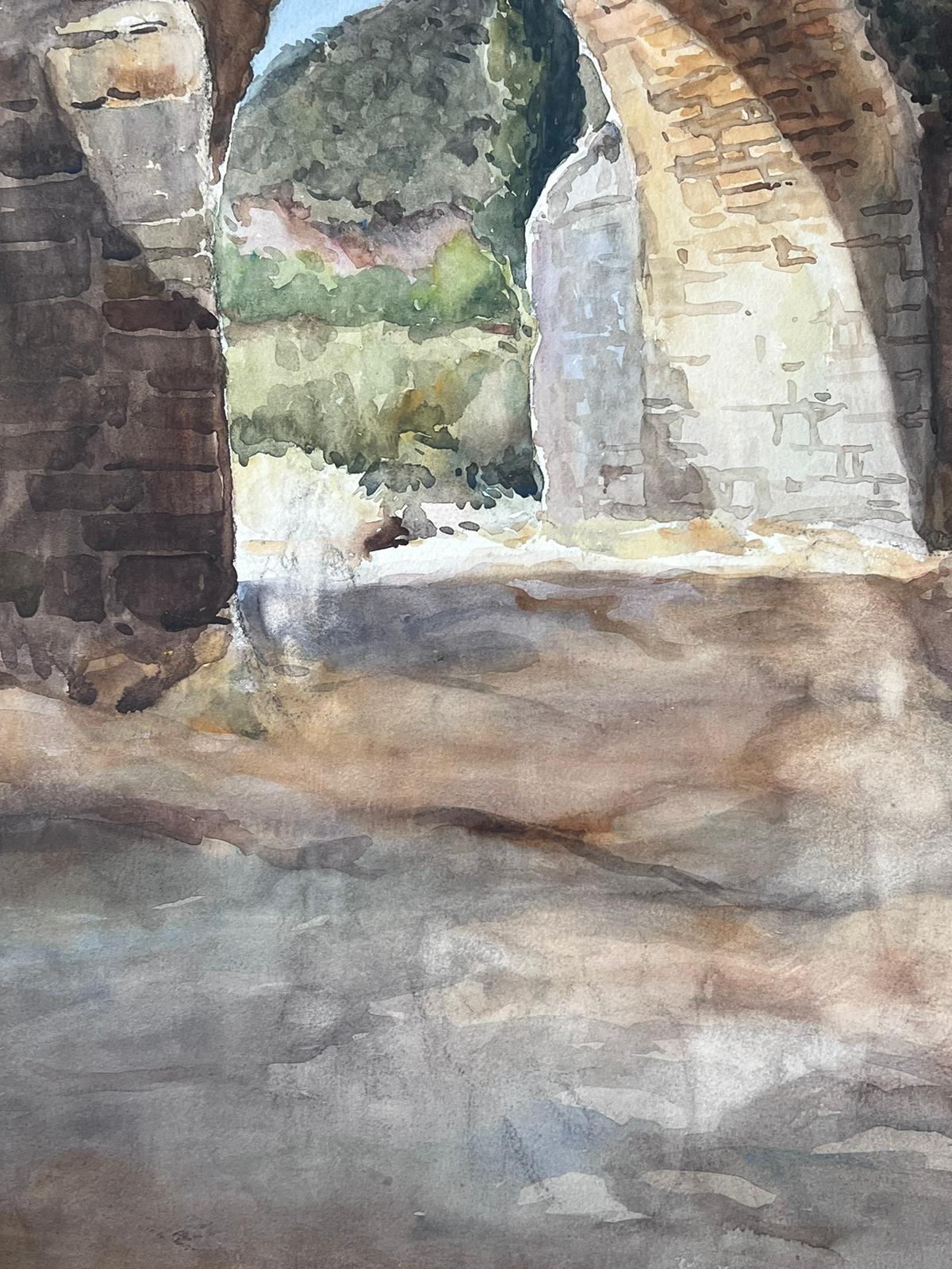 Französisches impressionistisches Gemälde, Stein Brücke, Viaduct in Landschaft, Vintage – Painting von Jean Laforgue