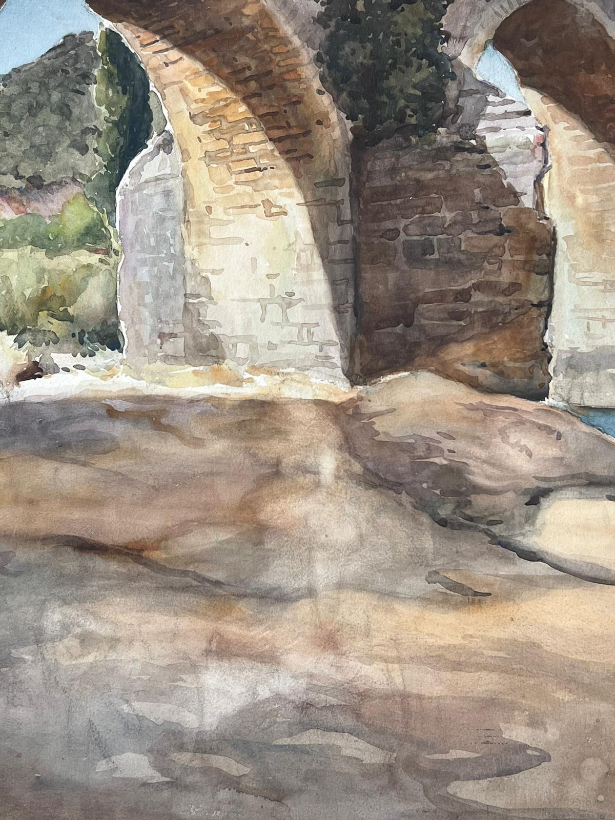 Französisches impressionistisches Gemälde, Stein Brücke, Viaduct in Landschaft, Vintage (Post-Impressionismus), Painting, von Jean Laforgue
