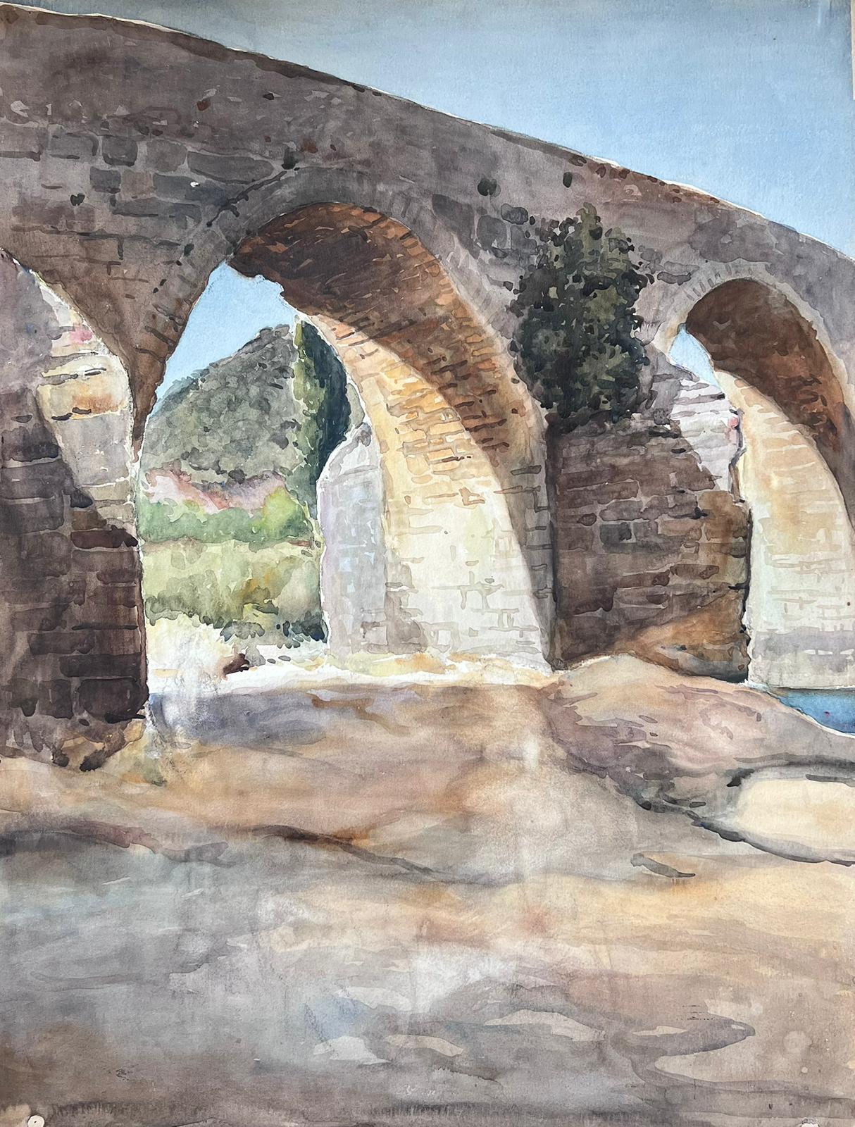 Vieille peinture impressionniste française - Traîneau de pont en pierre dans un paysage