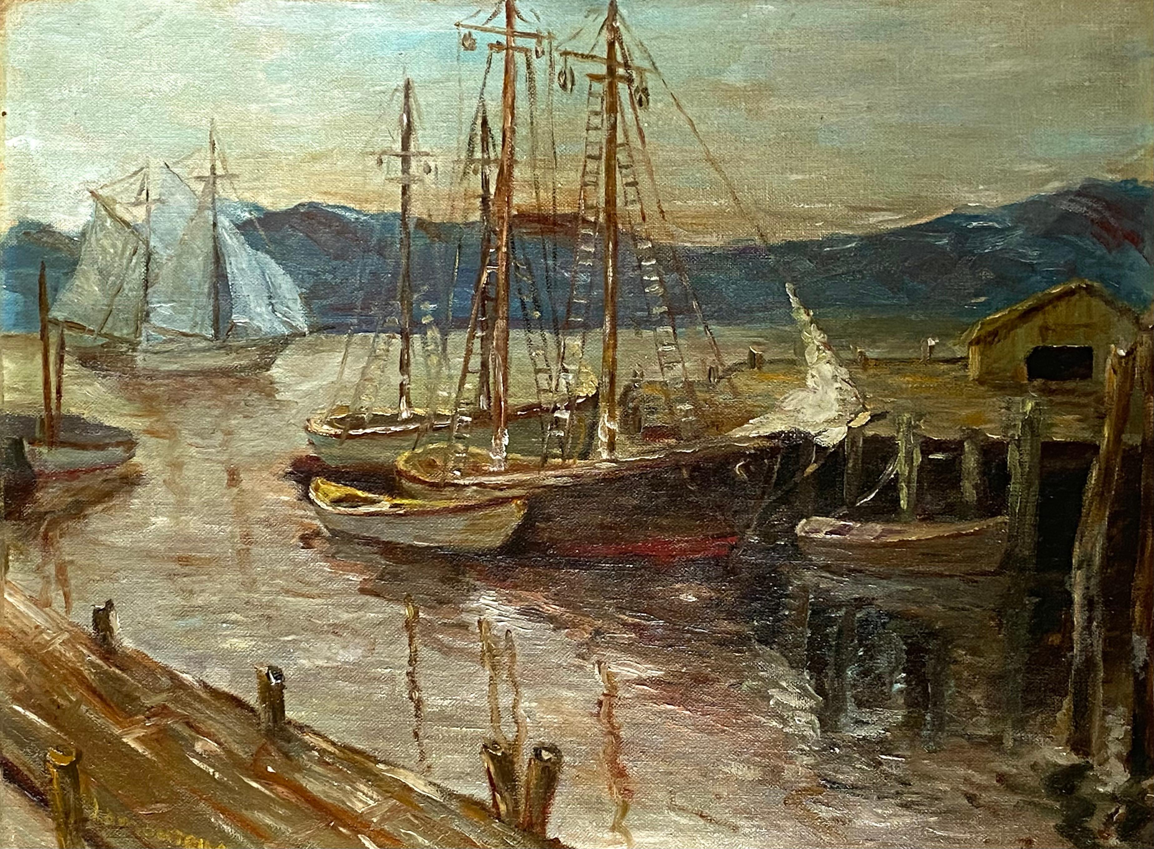 “Harbor Dockside” - Painting by Jean Lamoureux