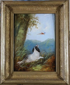Nineteenth Century Oil Landscape Spaniel Dog Flushing Pheasant in Woodland