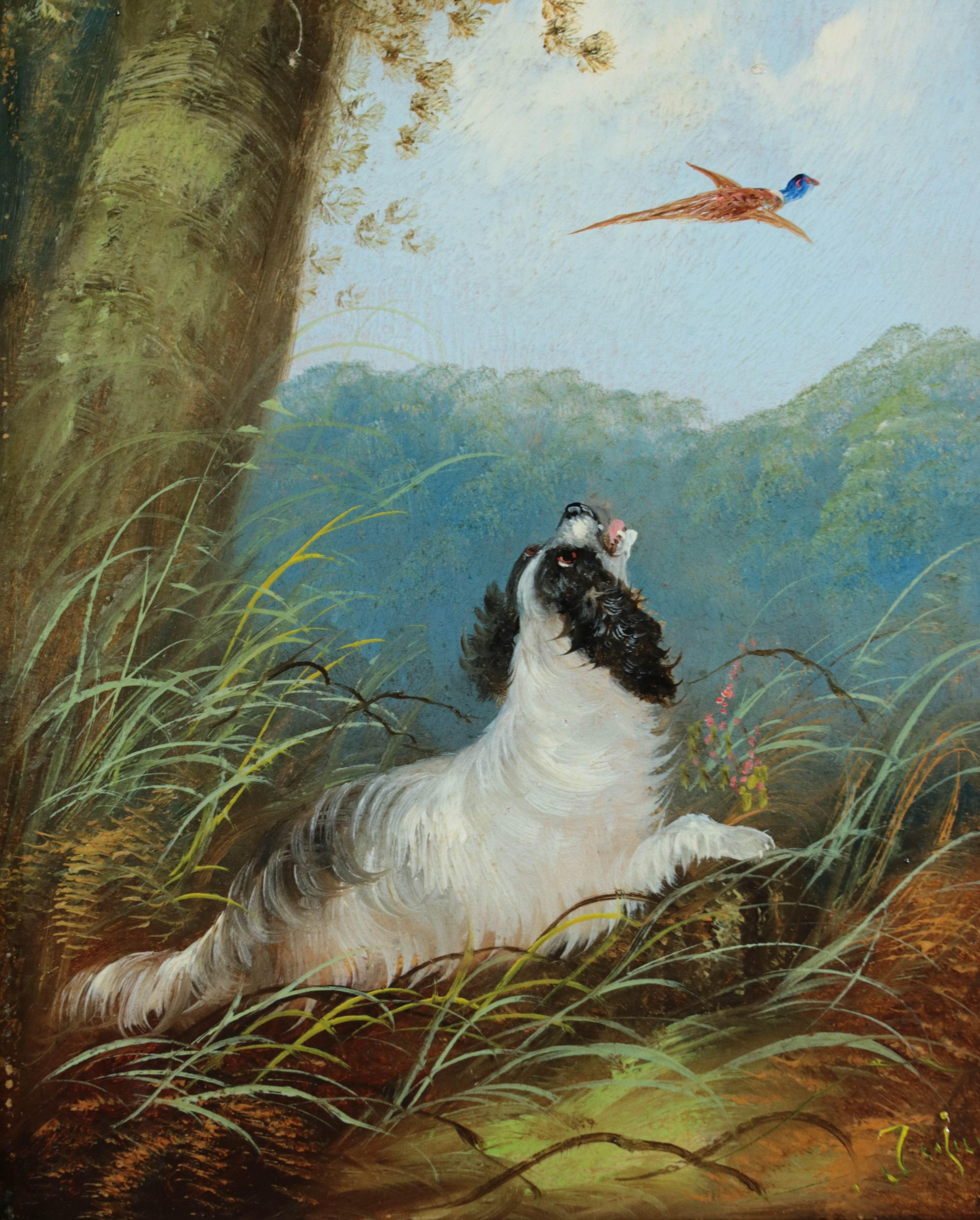 Nineteenth Century Oil Landscape Spaniel Dog Flushing Pheasant in Woodland - Art de Jean Langlois