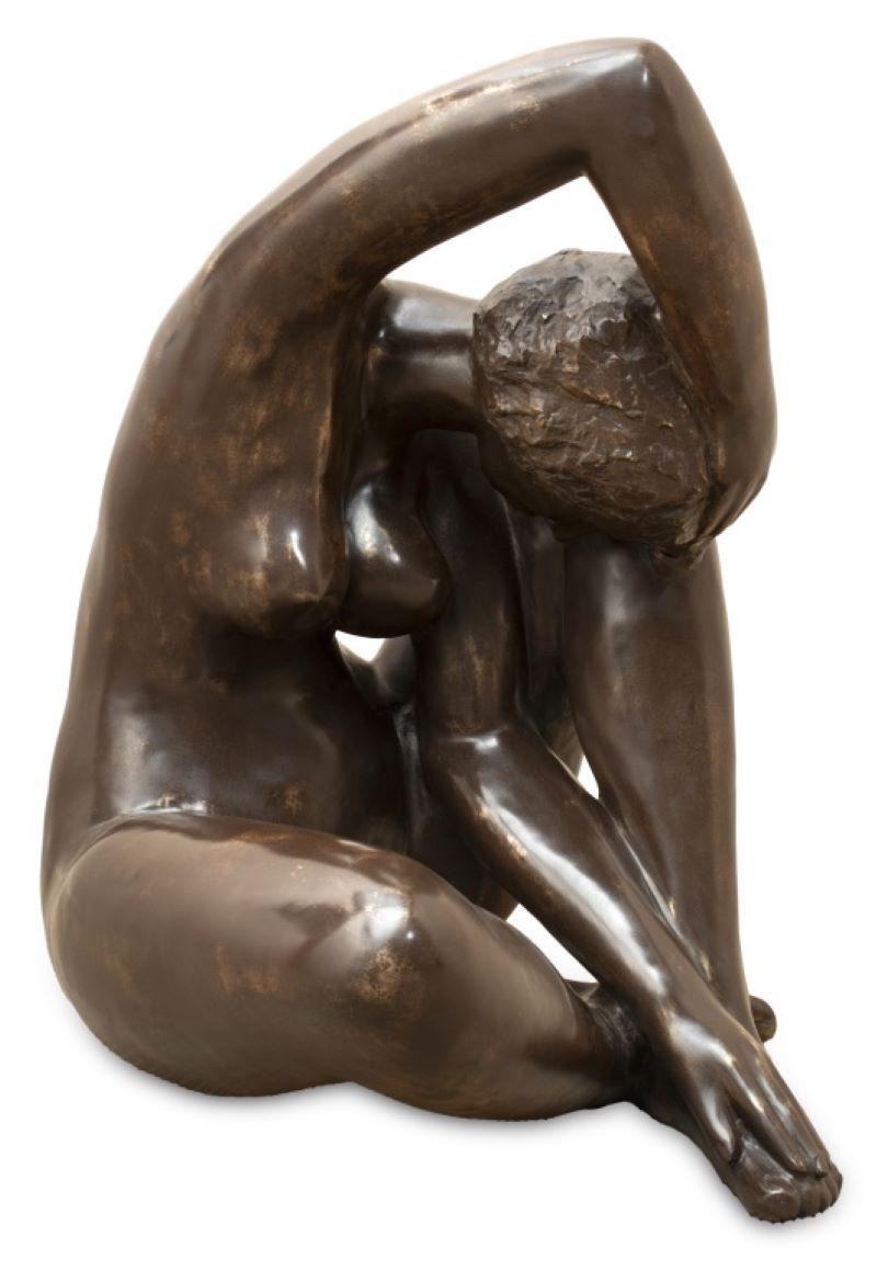 Jean Laniau (French, b. 1931) Seated Nude Woman Patinated Bronze Sculpture, depicting a female figure wrapping arms over head and through her legs, signed and marked edition "4/8" to side of foot. 31" H x 28" W x 26" D.  Provenance: Philadelphia,