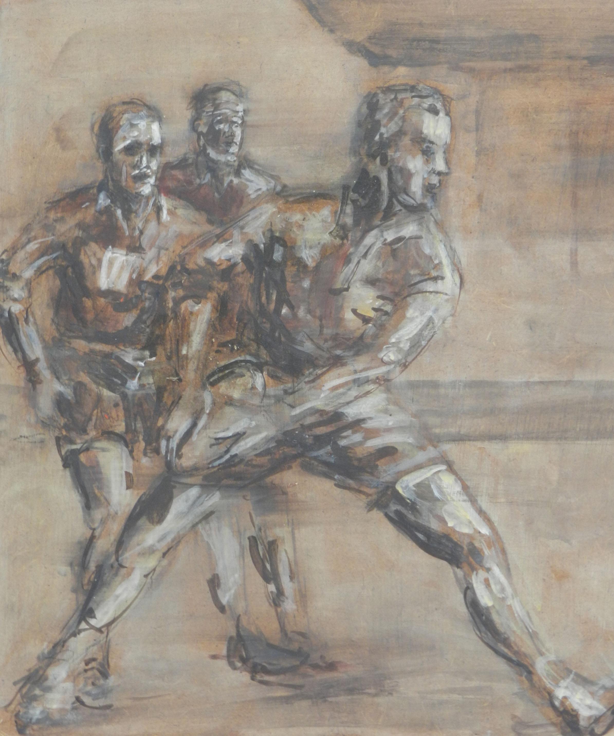 Rugby Players early 20th Century by Jean Lascoumes - Painting by Jean LASCOUMES